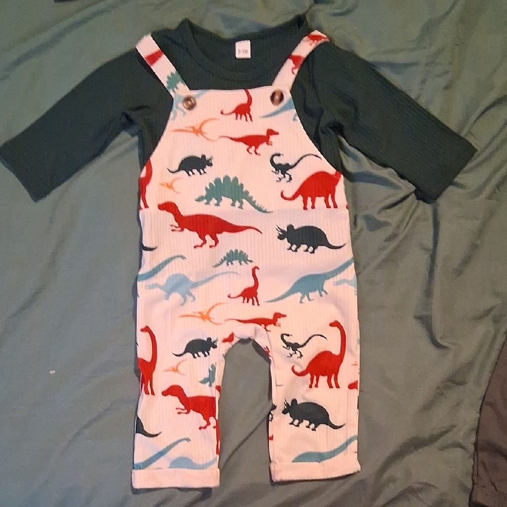 Dinosaur Print Overalls with Green Shirt